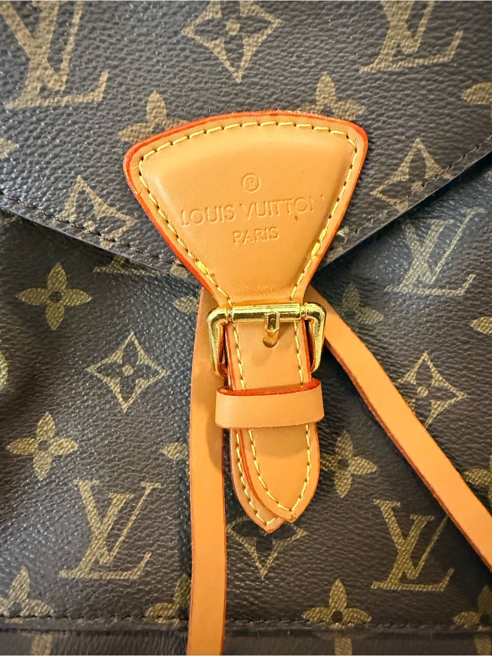 Brown Monogram Drawstring Backpack with Tan Trim - Picture 3 of 11